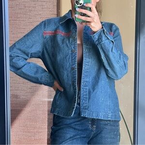 Denim&Co Blue Denim Shirt with Hot Pink and Tangerine Embroidered Stitch Detail